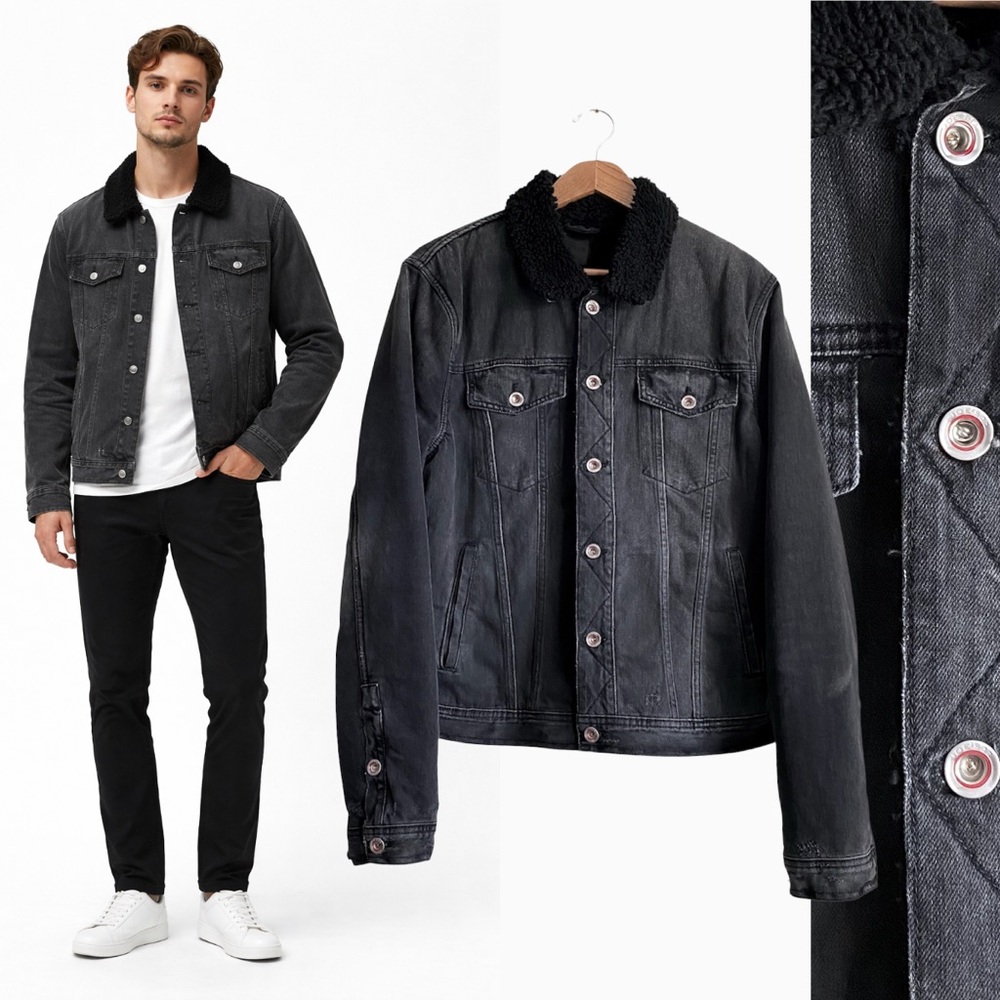 Joe’s Men’s Black Sherpa Denim Trucker Jacket Utility Chore Workwear Bikercore L